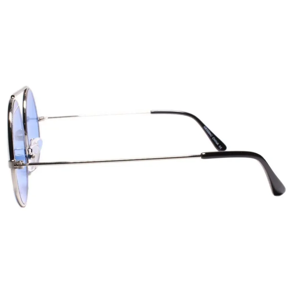 Men Classic Retro Hip Style Sunglasses Round w/ Brow Bar Silver Frame Blue Lens